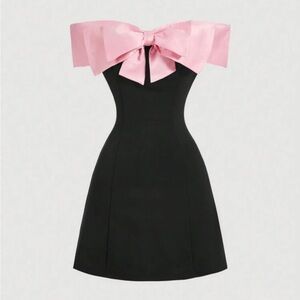 ✨3/$20✨ NWOT SHEIN MOD Off-Shoulder Black Mini Dress w/ Pink Statement Bow